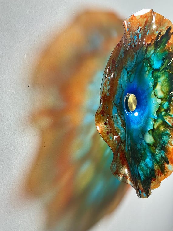 Amber and blue large wall flower art 15” handmade up cycled polymer looks like glass- home decor