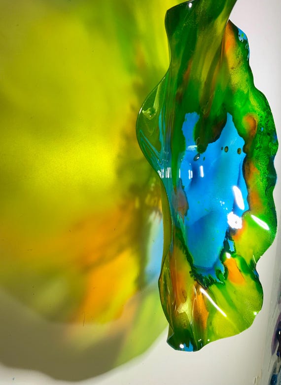 Handmade Recycled Plastic Wall Flower Sculpture: Aqua, Green, Orange Eco-Friendly Art- looks like glass