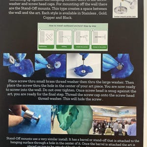 May include: An instructional poster titled Center Mount INSTRUCTIONS detailing two mounting styles for art pieces. It includes diagrams for wallboard anchors, step-by-step photos of screw assembly, and text explaining flush and stand-off mount installation.