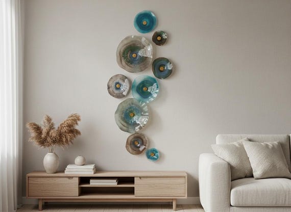 Handmade Wall flowers in Neutral Shades, Blue Gray, Beige & Celadon Green – Up cycled Polymer- Glass Look- Home Decor