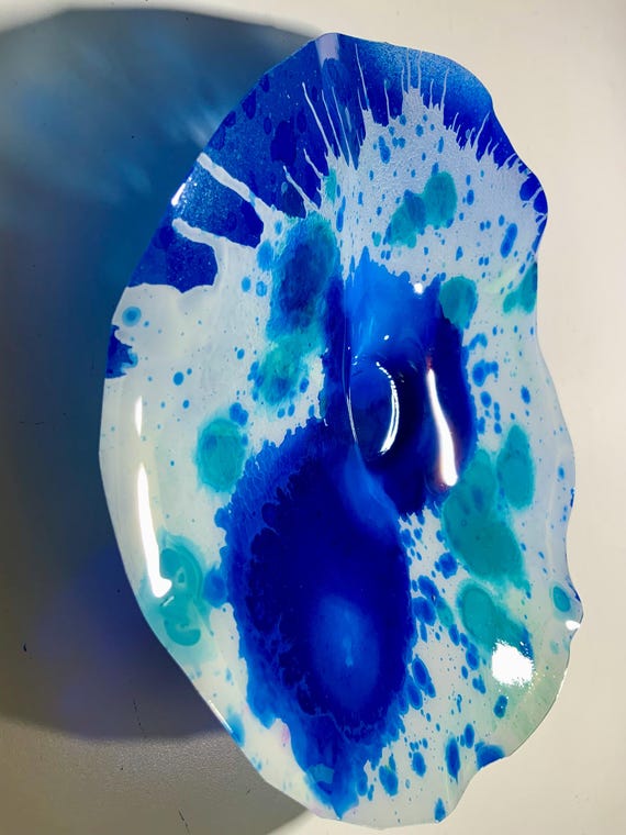 Nautical Home decor Small Wall flower platter 9” handmade eco-friendly plastic white/aqua/ocean blue cool wall hanging art/looks like glass