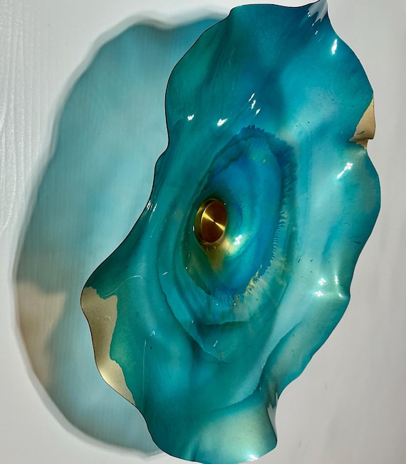 Large up cycled polymer Wall Flower Art aqua, teal & gold –Glass-Like Finish