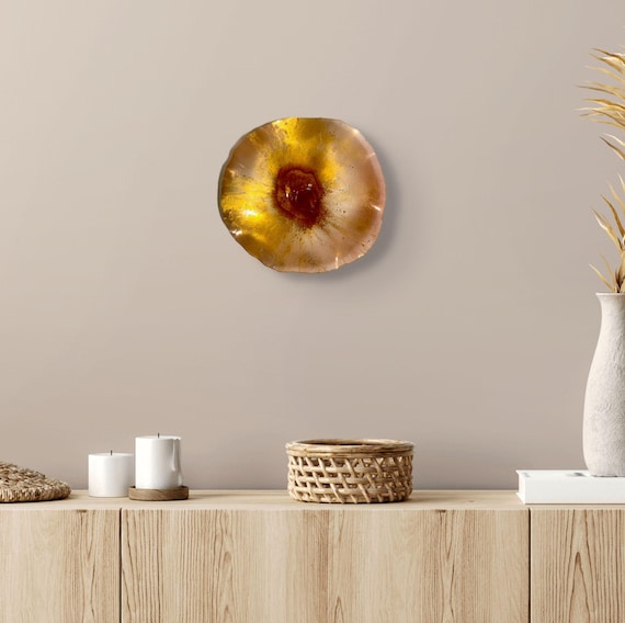 Small wall flower dish 9” handmade eco friendly plastic Todd Lynd art gold/copper/brown modern home decor/looks like glass/ceiling hanging