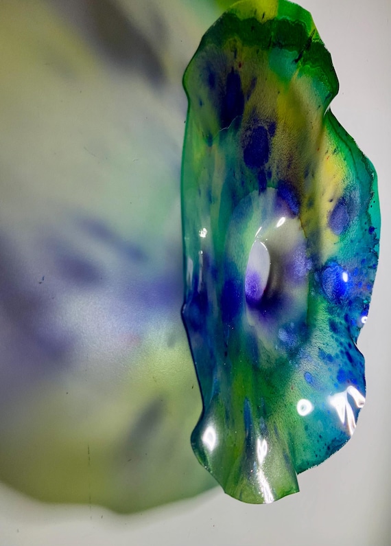 Original Ocean Arts handmade eco friendly plastic wall flower green/purple/yellow small 9” looks like glass/boho home decor/cool yard art