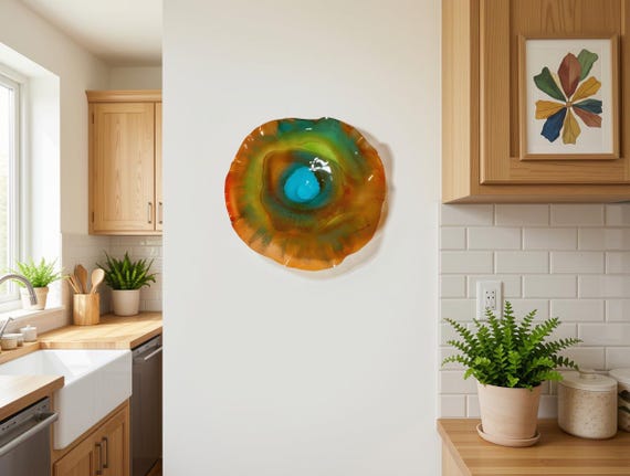 Orange, aqua & yellow large wall flower art 15” handmade up cycled polymer looks like glass- home decor