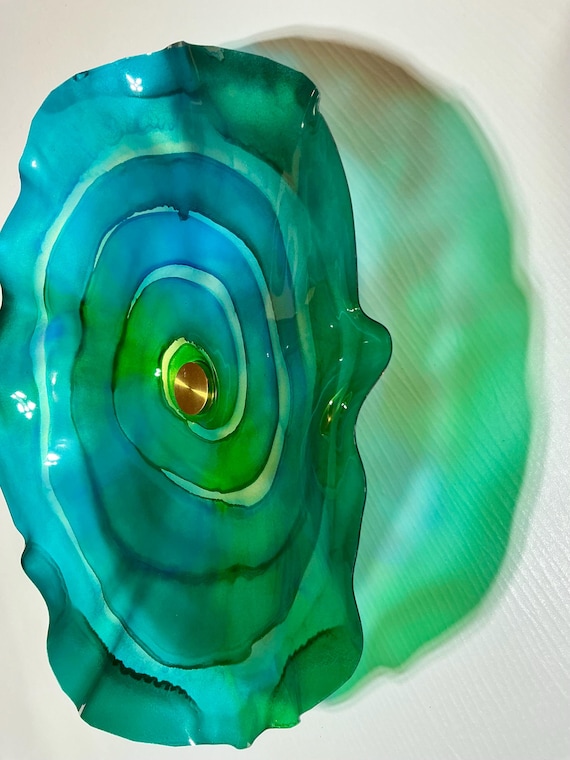 Extra Large up cycled polymer Wall Flower Art – teal, blue & green Glass-Like Finish