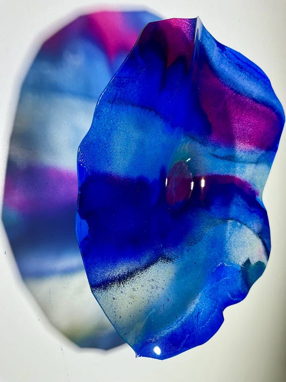 Unique Small Wall Hanging Art 9” - Recycled Plastic Platter in blue, burgundy and gold- looks like glass