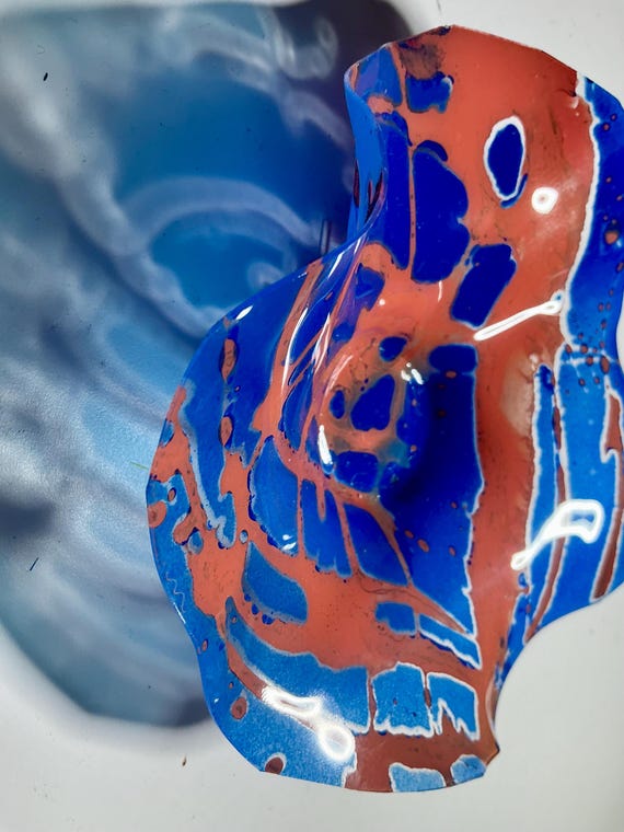 5” Small Boho Wall Flower Art blue & orange Eco Decor for Living Room-  up cycled plastic -looks like glass