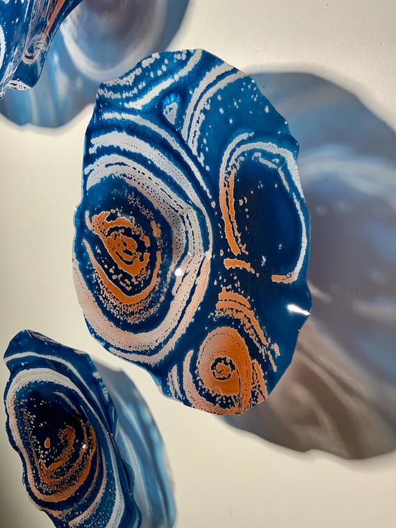 Blue Copper Recycled Plastic Wall Flower Sculpture: Boho Home Decor Art