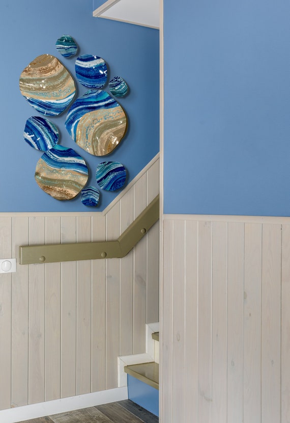 Original Wall art 9 sea blue, white & sandy tan handmade recycled plastic/beach home decor - looks like glass