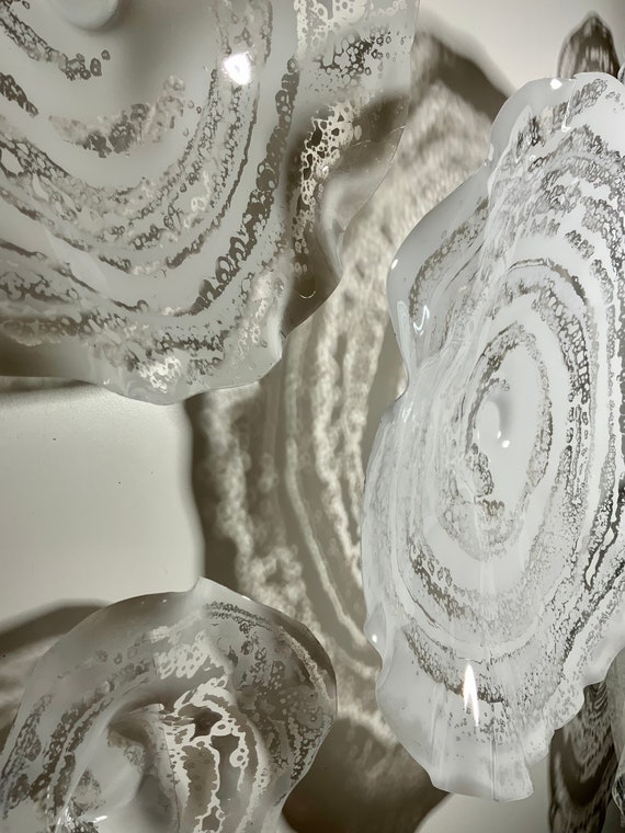 Wall flower dish art crisp white/recycled plastic/looks like glass/pick your size/quantity/indoor outdoor/wall decor high fashion home art