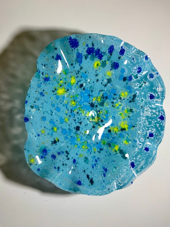 Extra large flower 19” light blue, aqua & yellow handmade recycled plastic- boho home art- looks like glass