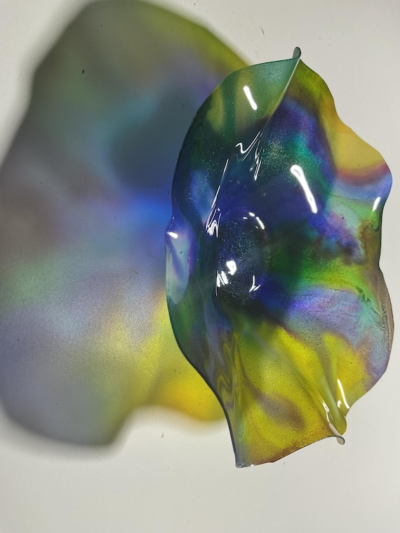 Recycled Polymer Wall Flower handmade Art- blue, green, yellow & purple – 5-6 Inch- looks like glass