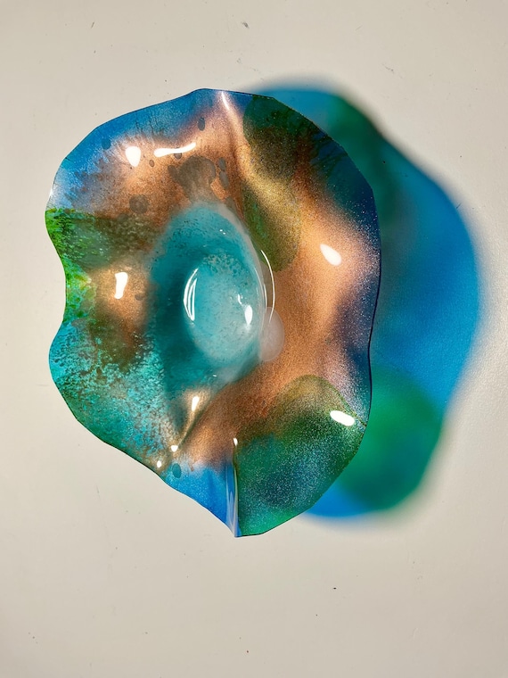 Handmade Recycled Polymer Wall Flower Art (5-inch) – copper, green & blue - Glass-Look Decor