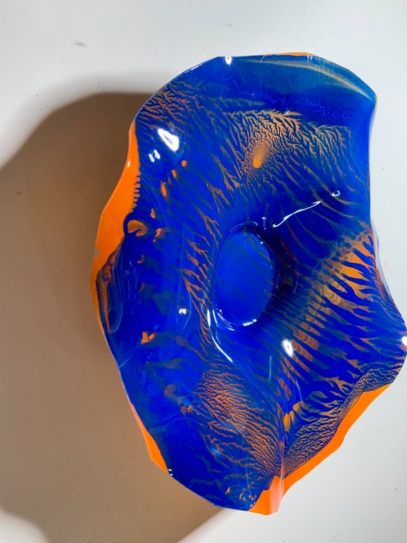Extra Small Wall flower eco art 5” orange & blue handmade eco-friendly polymer - looks like glass