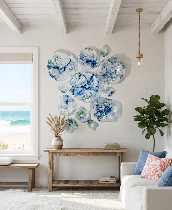 Handmade Ocean Blue Wall Flower Sculptures: Eco-Friendly polymer- Beach Home Decor Art-glass like look