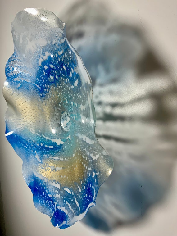 Medium Wall flower home wall sculpture decor 13” gold/blue/white/aqua handmade eco-friendly plastic/looks like glass