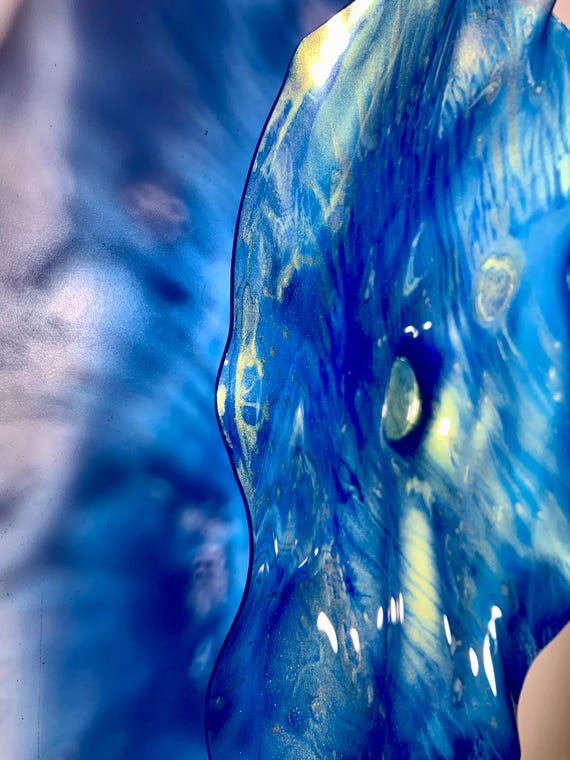 Recycled water bottle wall flower accent 12" blue/gold handmade eco art boho beach home decor/outdoor patio art/looks like glass