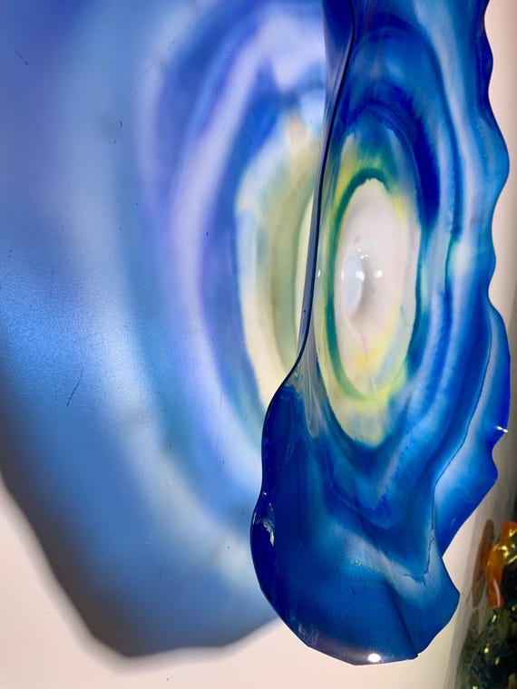 Handmade original wall art recycled polymer 15” blue, white & yellow looks like glass/beach home decor