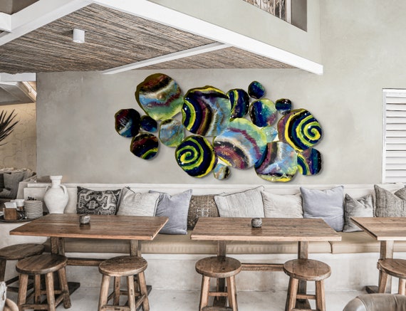 Large wall flower mural living room art set 18 yellow/copper/mauve/blue/purple/teal recycled plastic looks like glass/home decor