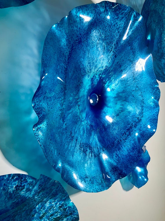 Wall Flower metallic Teal translucent turquoise blues recycled plastic looks like glass/wall mount/home/patio decor You pick size/quantity