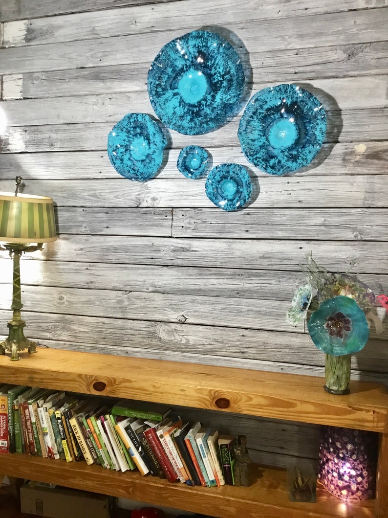 Aqua/teal blue flowers wall art sculpture handmade recycled plastic looks like glass/indoor outdoor boho home decor/You pick size/quantity image 6