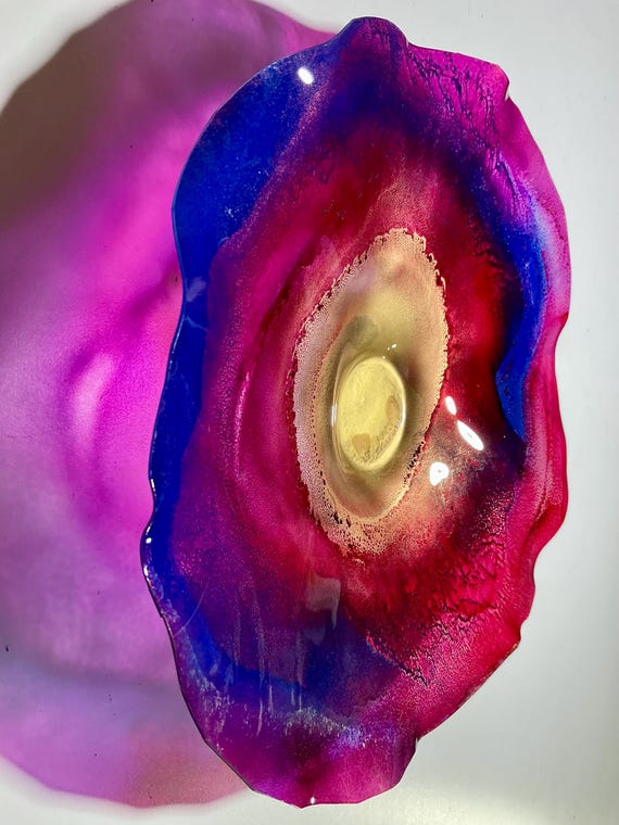 Unique Small Wall Hanging Art 9” - Recycled Plastic Platter in burgundy, gold & Blue- looks like glass