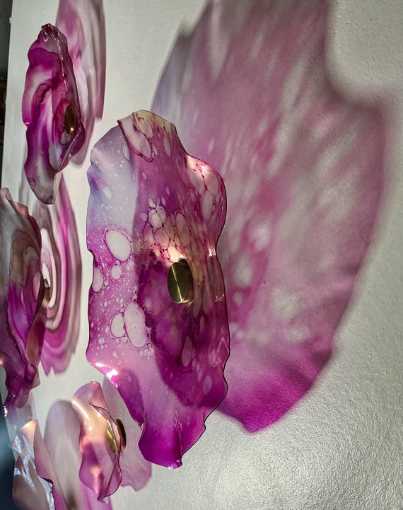 Vibrant pink, gold & purle- Handmade Wall Flowers by Ocean Arts - Up cycled Polymer Glass-Look Decor