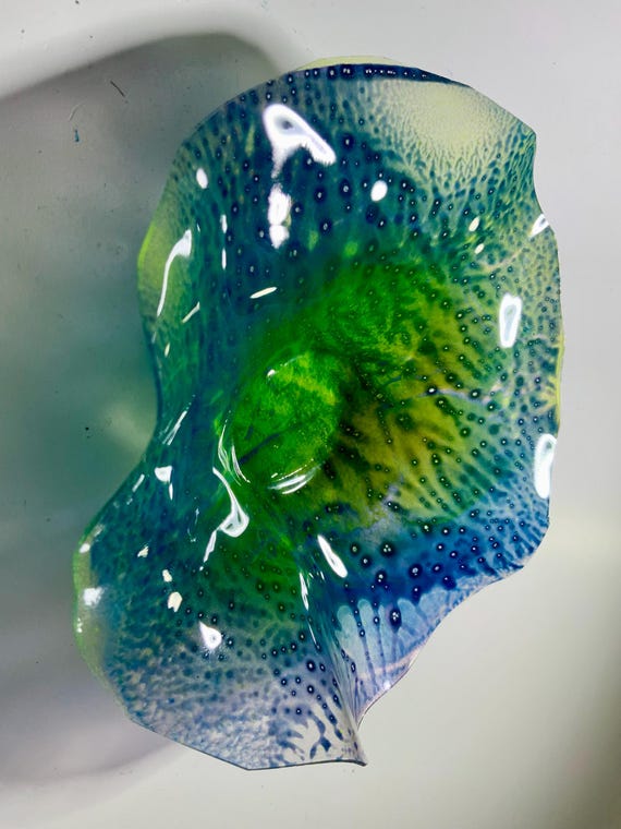 Extra Small wall flower plate green/blue 5” handmade up cycled plastic/beach home decor indoor outdoor art/looks like glass