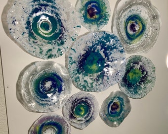 Metallic flower mural 9 silver/white/teal/lime green/purple/blue eco-friendly plastic/indoor outdoor/home decor dish art/looks like glass