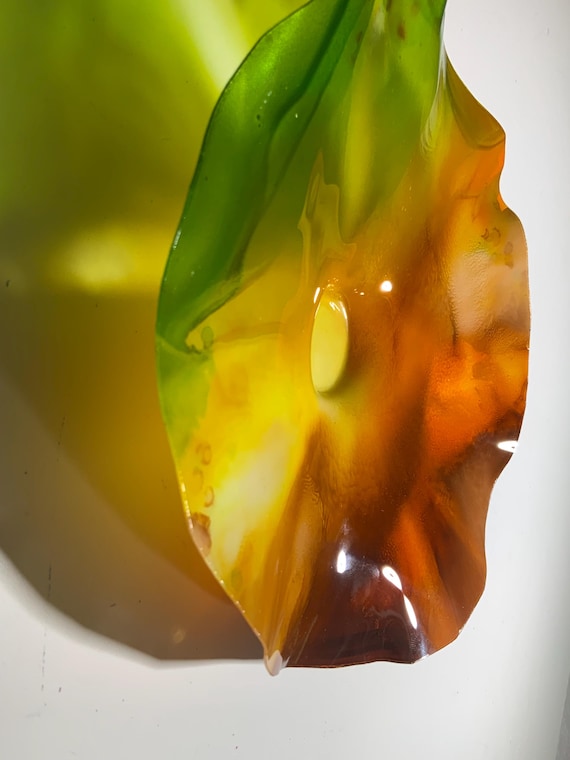 Handmade recycled plastic home decor Small Wall flower 9” orange/green/yellow funky wall hanging/looks like glass/Todd Lynd art/patio decor