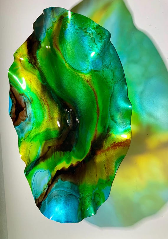 Unique Wall Flower art 15” handmade - eco-friendly polymer- green, blue, yellow & black wall art/looks like glass/colorful home decor