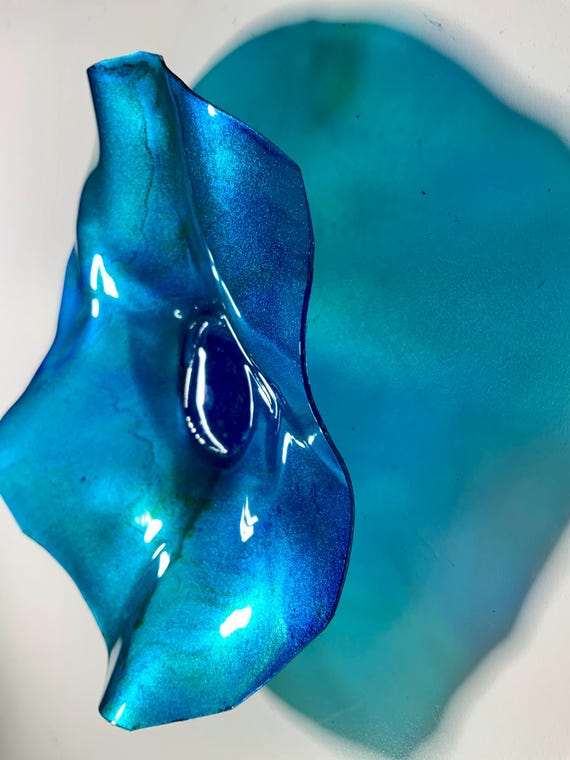 Original Ocean Arts handmade eco friendly plastic wall flower metallic teal-blue x-small 6” looks like glass/outdoor wall art/home decor art