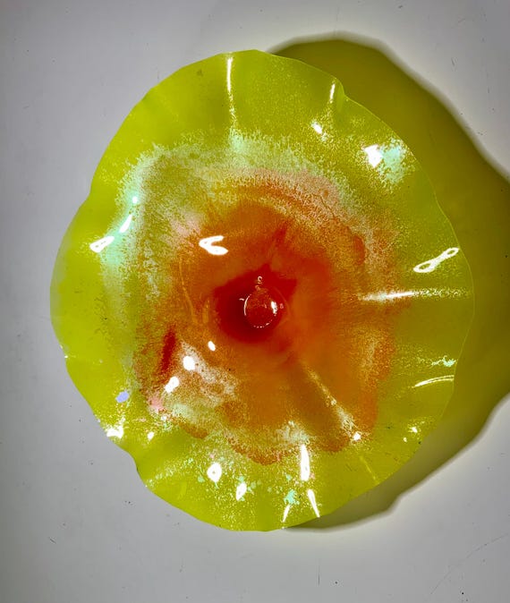 One of a kind Ocean Arts Wall Flower 15” handmade upcycled plastic sunshine yellow/orange/silver boho home decor/looks like glass/gift art