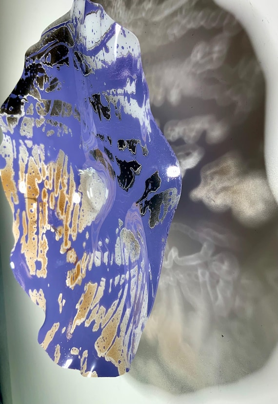 Minimalist wall flower home decor medium 12" purple/white/brown/black handmade/up cycled polymer- living room art- looks like glass