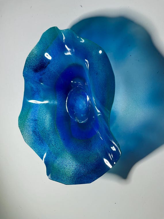 Blue and green Original Ocean Arts handmade eco friendly plastic wall flower x small 5” looks like glass/coastal home decor wall hanging