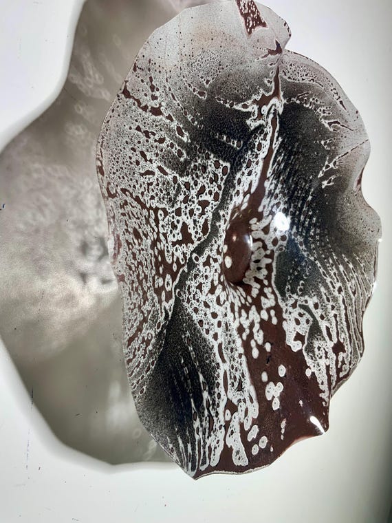 Cool wall art Small flower 9” handmade original recycled plastic/chocolate brown;gray;white home decor/looks like glass