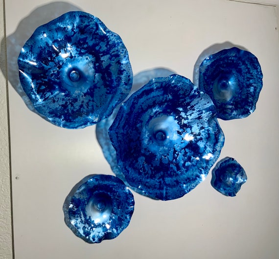 Metallic blue/silver blend flowers wall art recycled plastic/you pick size/quantity looks like glass indoor outdoor wall hanging boho decor