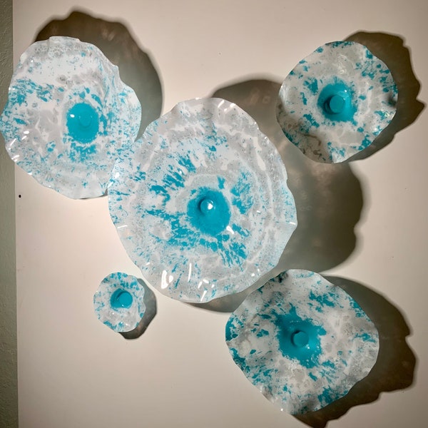 Aqua Marine/white Flower wall mount handmade recycled plastic/you pick size/quantity/bedroom beach home decor/yard art/looks like glass