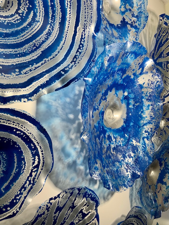 Cobalt Blue/Silver large wall mount flower made to order 13 up cycled plastic looks like glass/fine art gallery/home wall decor centerpiece