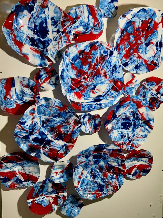 Blue/white/red wall flower original sculpture 18 handmade home decor/eco-friendly plastic looks like glass/ceiling hanging/designer plate