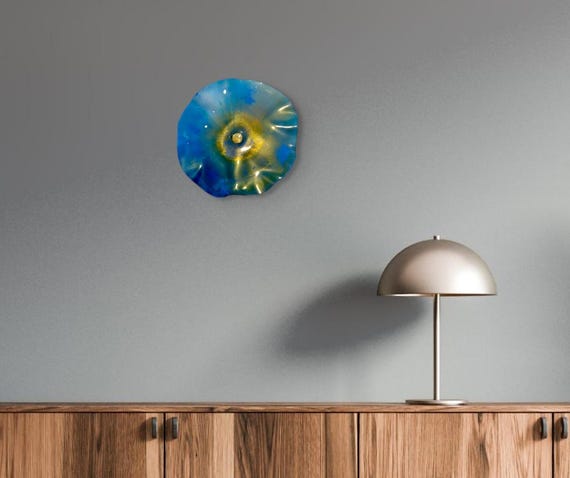 Handmade wall decor recycled plastic 15” sky blue/gold/periwinkle looks like glass