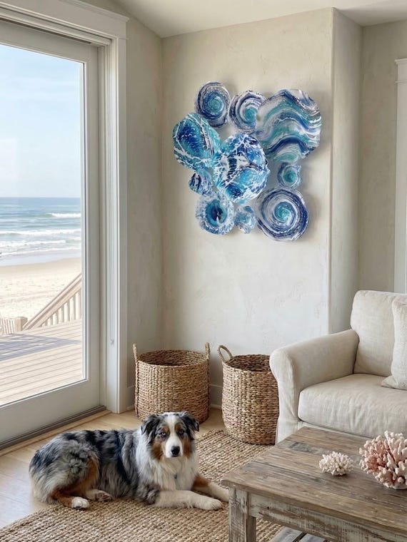 Handmade made to order Ocean Aqua Wall Flower Sculpture: Beach Home Decor-looks like glass