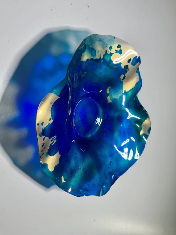 Colorful Handmade platter cobalt blue/gold wall hanging home decor- up cycled plastic extra small 5” looks like glass