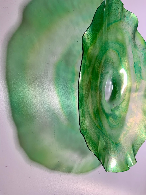 Small Wall flower decor vibrant art for home 9”” green/gold blend handmade recycled plastic/boho Yard art/ceiling hanging/looks like glass