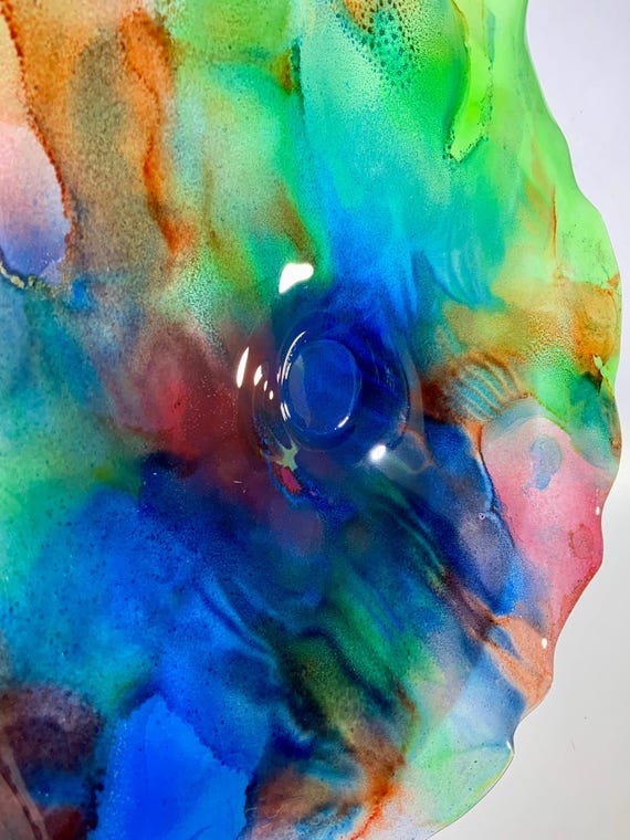 Circular wall decor medium 12" green/blue/burgundy/orange handmade/recycled plastic/beach home decor coastal colorful art/looks like glass