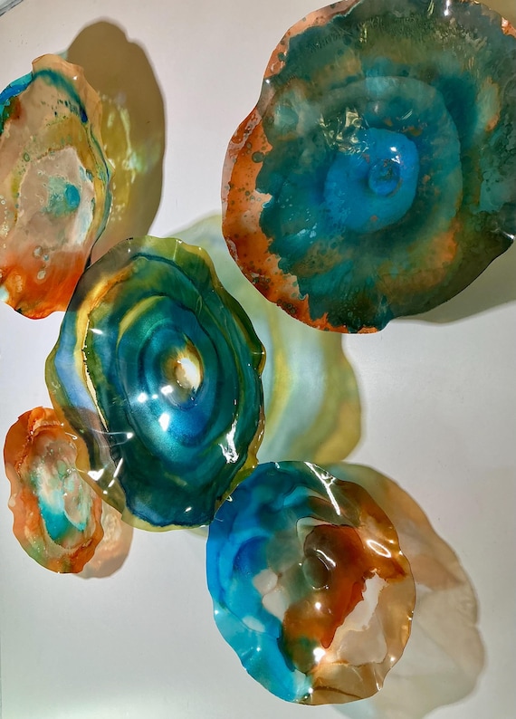 Recycled Polymer Wallflower Mural, Glass-Look Coastal Art, Turquoise Orange Gold Beige