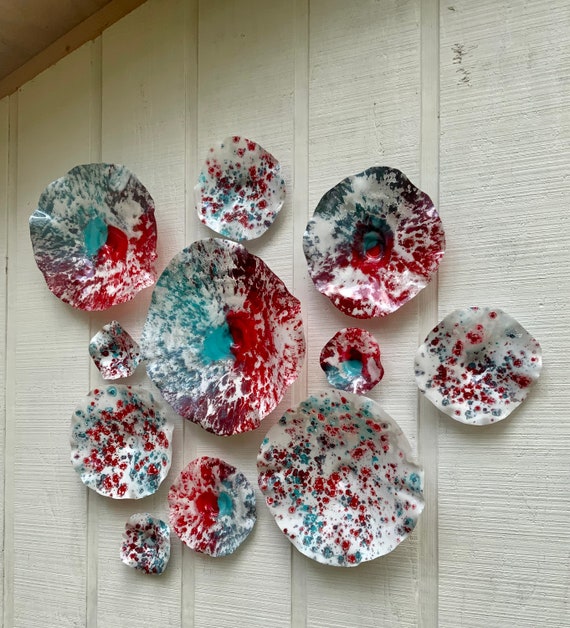 Large Wall Flower mural 11 white/Aqua blue/red handmade eco-friendly polymer/bedroom home decor/yard art/looks like glass/ceiling hanging