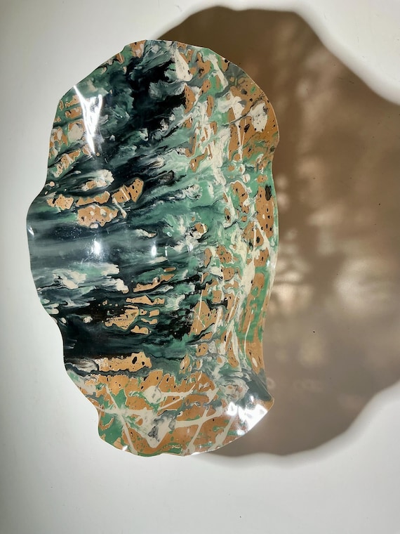Earth tones Wall Flower sculpture art handmade recycled plastic 15” black, kanji & sage wall art/looks like glass- home decor