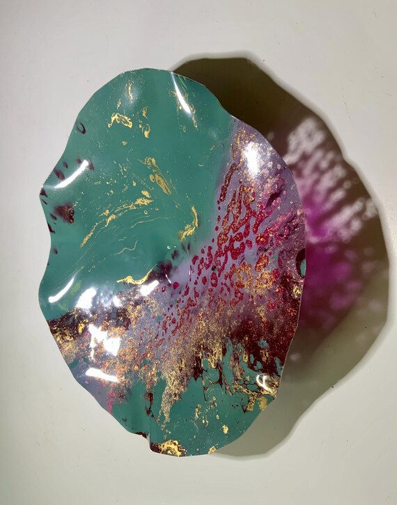 Handmade wall flower coralreeflections art 13”/up cycled plastic/sea foam green/gold/burgundy/purple bedroom home decor/looks like glass